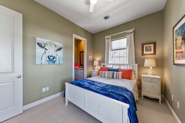 bedroom with light colored carpet and ceiling fan