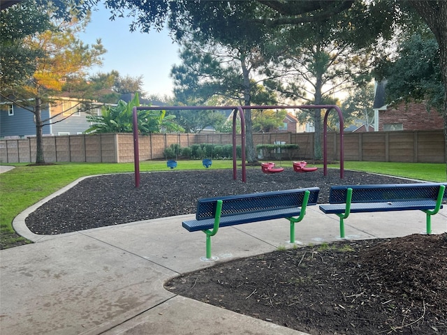 view of jungle gym featuring a yard