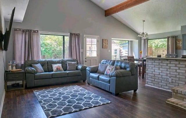 living room featuring a chandelier, dark wood-type flooring, and a healthy amount of sunlight