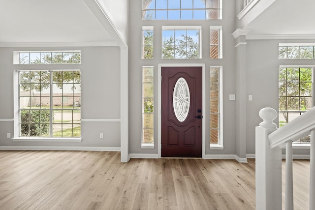 entrance foyer with a healthy amount of sunlight, light hardwood / wood-style floors, and a high ceiling