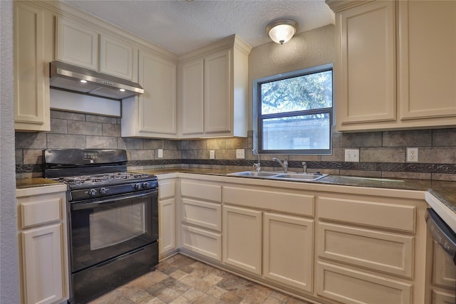 kitchen featuring cream cabinetry, dishwasher, black gas stove, and sink