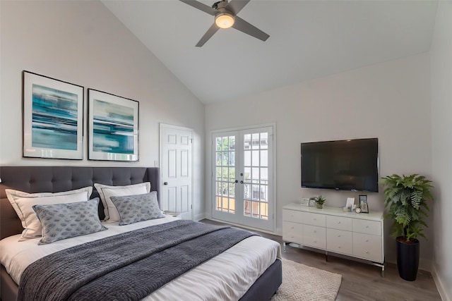 bedroom featuring ceiling fan, wood-type flooring, high vaulted ceiling, and french doors