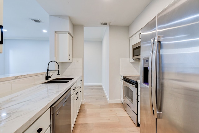 kitchen featuring decorative backsplash, white cabinetry, sink, and stainless steel appliances