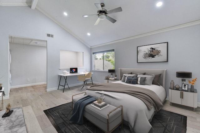 bedroom with lofted ceiling with beams, light hardwood / wood-style flooring, ceiling fan, and crown molding