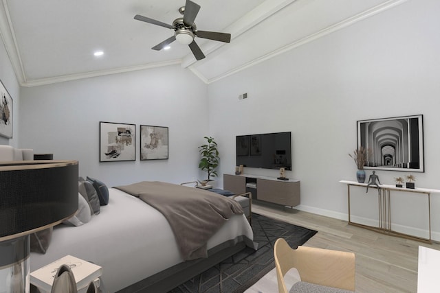 bedroom featuring ceiling fan, light hardwood / wood-style floors, lofted ceiling, and ornamental molding