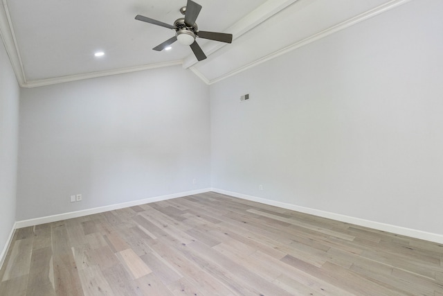 spare room with light hardwood / wood-style flooring, vaulted ceiling, ceiling fan, and ornamental molding