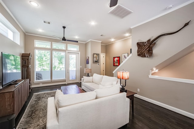 living room featuring ceiling fan, dark hardwood / wood-style flooring, and crown molding