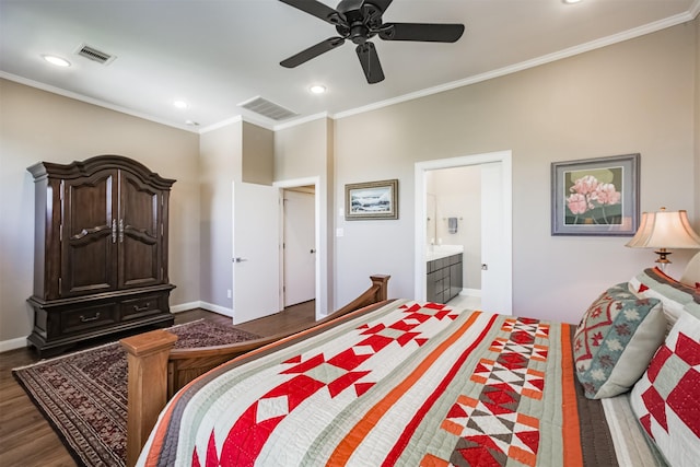 bedroom with ceiling fan, ornamental molding, and connected bathroom