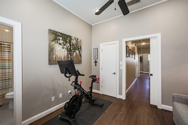 workout room featuring dark hardwood / wood-style flooring, ceiling fan, and crown molding