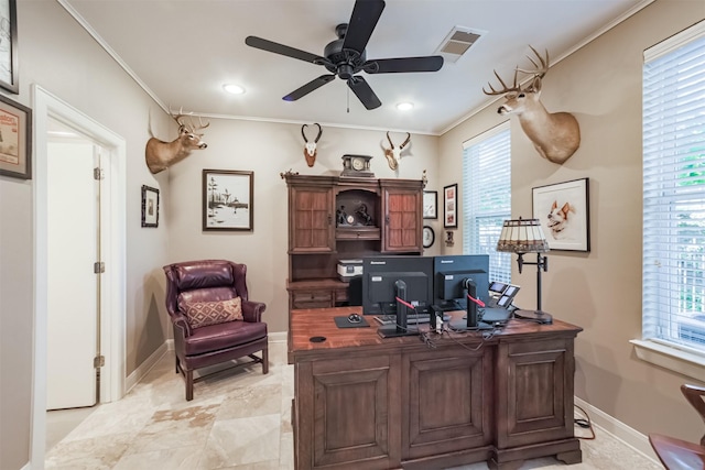 office with ceiling fan and ornamental molding