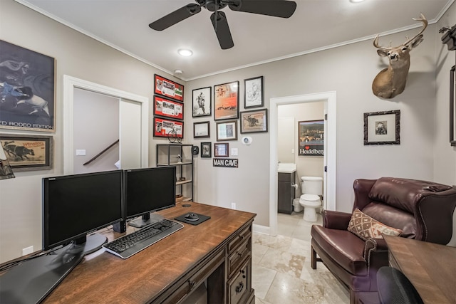 office space with light tile patterned floors and crown molding