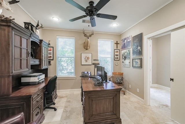 home office featuring ceiling fan and ornamental molding