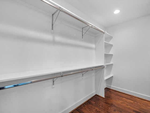 walk in closet with dark wood-type flooring