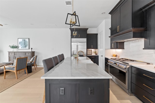 kitchen with sink, hanging light fixtures, backsplash, high quality appliances, and a center island with sink