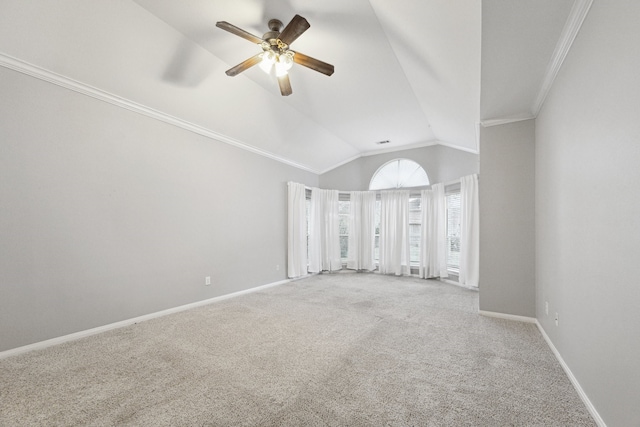 2109 Enchanted Lake Dr, League City, TX 77573 - carpeted spare room featuring a ceiling fan, baseboards, vaulted ceiling, and crown molding