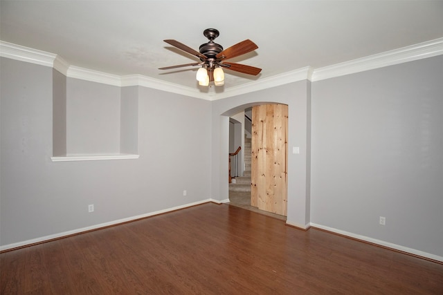 2109 Enchanted Lake Dr, League City, TX 77573 - unfurnished room with arched walkways, a ceiling fan, wood finished floors, baseboards, and ornamental molding