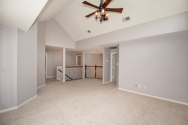 2109 Enchanted Lake Dr, League City, TX 77573 - spare room with high vaulted ceiling, carpet flooring, ceiling fan, and baseboards
