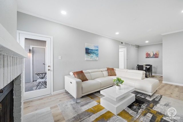 living room with crown molding, a fireplace, and light hardwood / wood-style floors