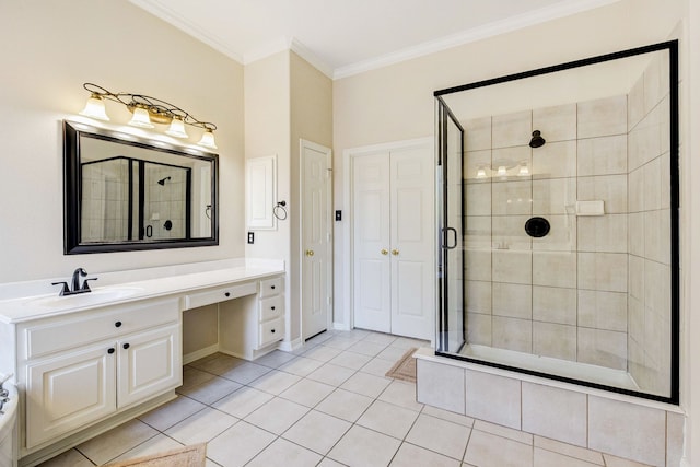 bathroom with an enclosed shower, vanity, tile patterned floors, and ornamental molding