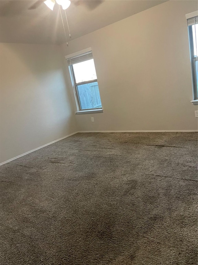 carpeted spare room featuring ceiling fan and a wealth of natural light