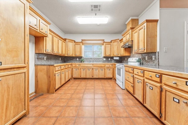 kitchen with tasteful backsplash, a textured ceiling, light tile patterned floors, white stove, and ornamental molding