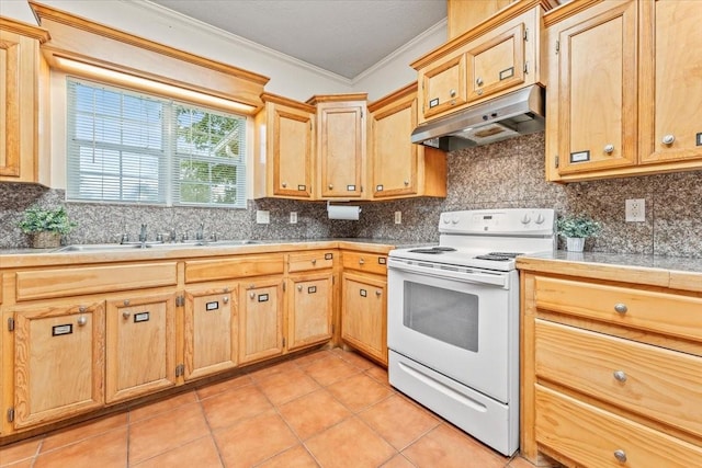 kitchen featuring sink, white electric stove, backsplash, crown molding, and light tile patterned floors