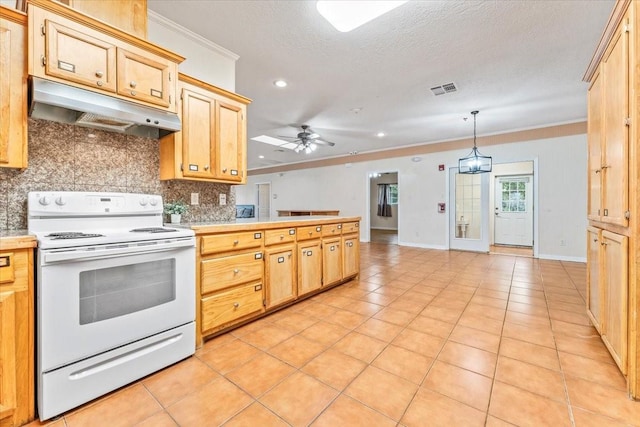 kitchen with light brown cabinetry, tasteful backsplash, ornamental molding, ceiling fan, and white electric stove