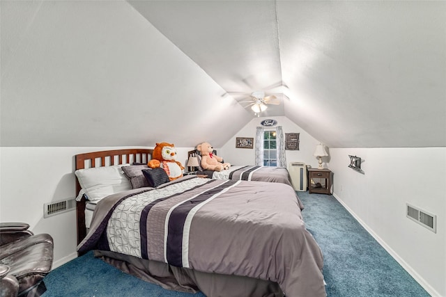 bedroom with carpet floors, ceiling fan, and lofted ceiling