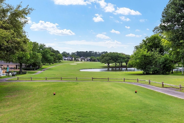 surrounding community featuring a lawn and a water view