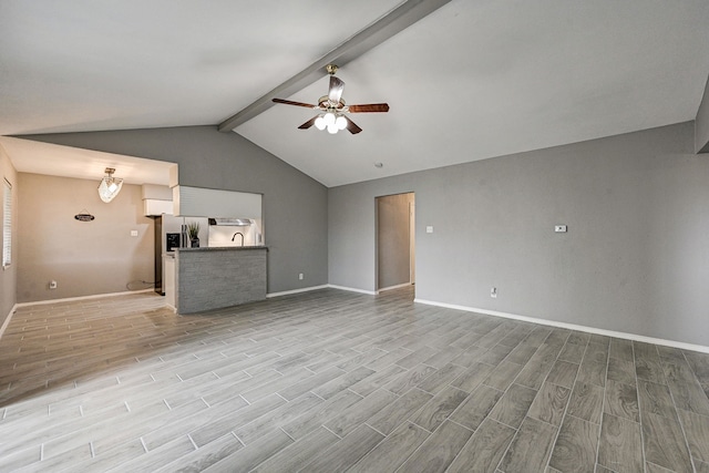 unfurnished living room featuring lofted ceiling with beams and ceiling fan