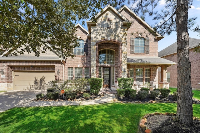 view of front facade featuring a garage, a porch, and a front yard