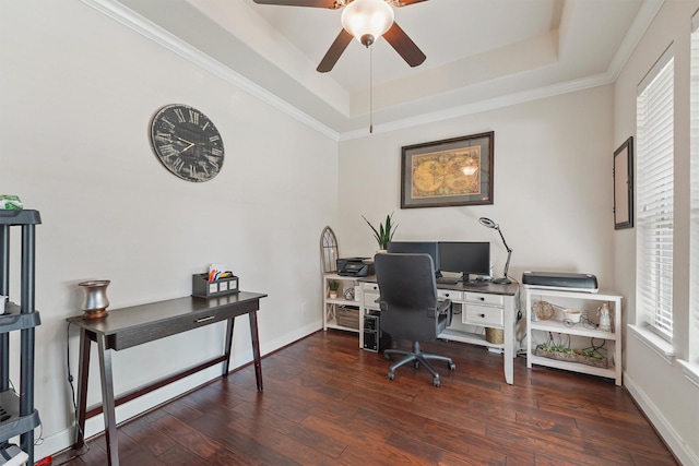 home office with a healthy amount of sunlight, dark wood-type flooring, and a tray ceiling