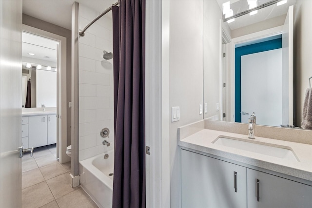 full bathroom with toilet, tile patterned flooring, shower / tub combo, and vanity