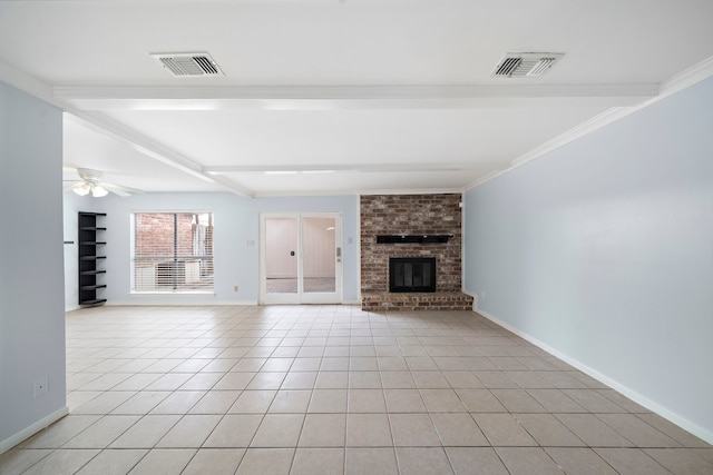 unfurnished living room featuring beam ceiling, ceiling fan, light tile patterned flooring, and a brick fireplace