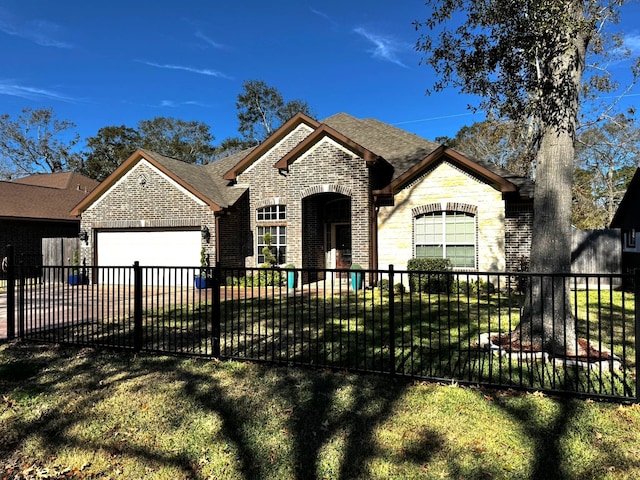 view of front of home with a front lawn and a garage