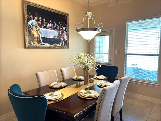 tiled dining area with ornamental molding