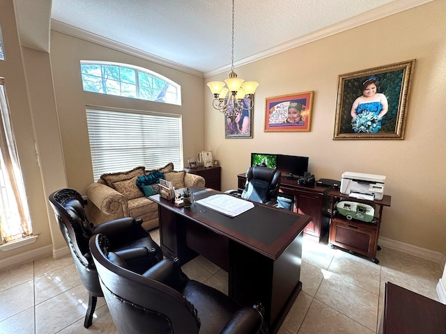 office space featuring light tile patterned floors, a chandelier, a textured ceiling, and ornamental molding