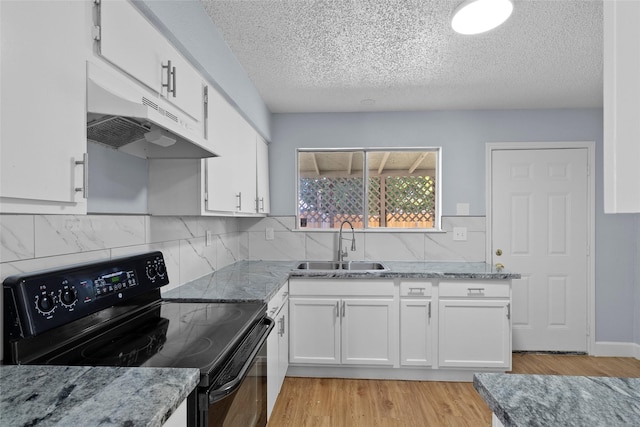 kitchen with white cabinetry, decorative backsplash, electric range, and sink