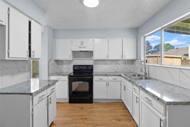 kitchen featuring electric range, decorative backsplash, white cabinetry, and sink