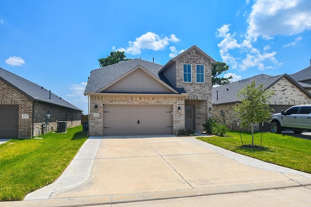 view of front of property with a front yard, a garage, and central air condition unit