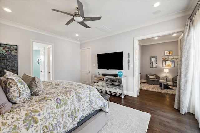 bedroom featuring ceiling fan, crown molding, and dark wood-type flooring