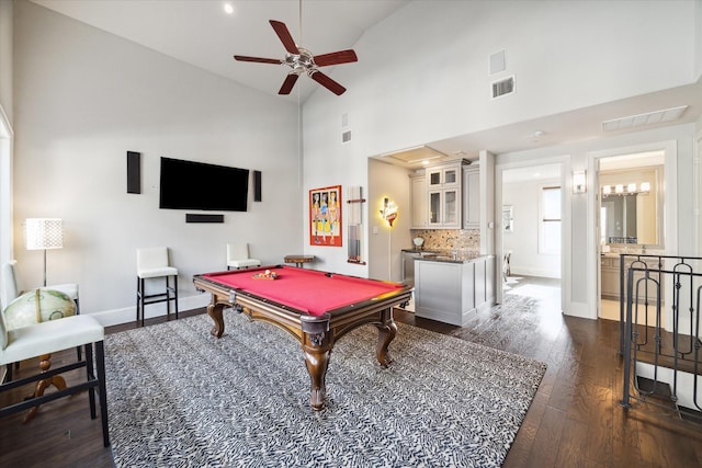 recreation room featuring high vaulted ceiling, billiards, ceiling fan, and dark wood-type flooring