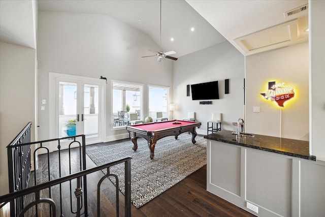 game room with pool table, ceiling fan, high vaulted ceiling, dark hardwood / wood-style floors, and sink