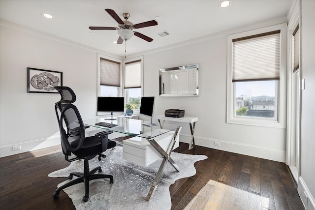 office featuring ceiling fan, dark hardwood / wood-style flooring, ornamental molding, and a wealth of natural light