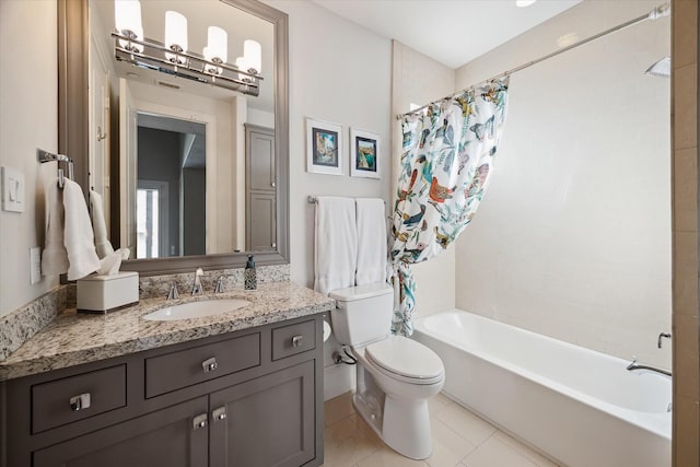 full bathroom featuring tile patterned flooring, shower / bath combination with curtain, vanity, and toilet