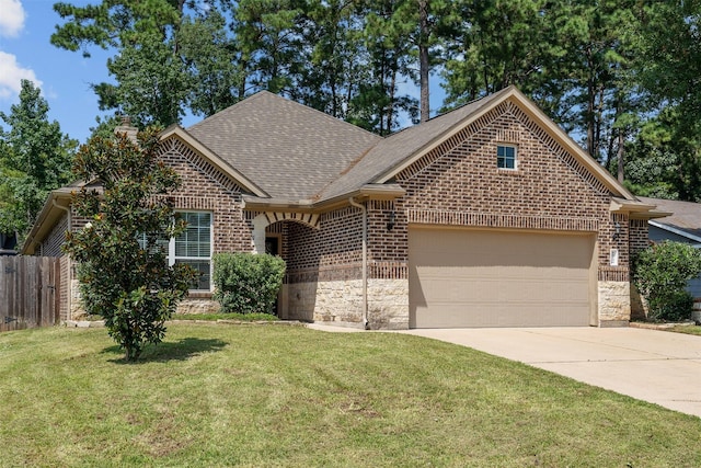 view of property featuring a garage and a front yard