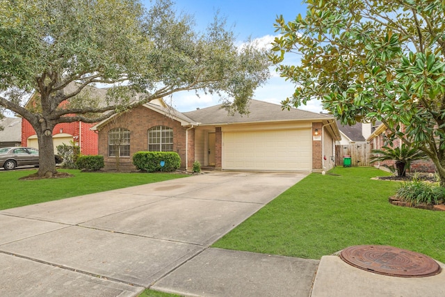 ranch-style home featuring an attached garage, driveway, brick siding, and a front yard