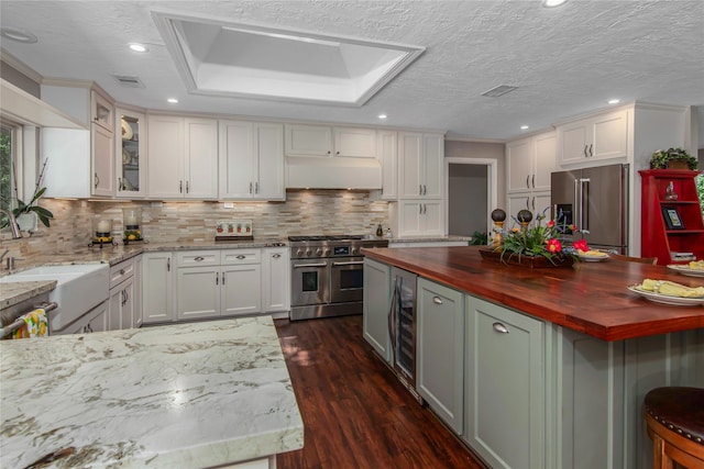 kitchen featuring white cabinets, wooden counters, dark hardwood / wood-style floors, and high end appliances