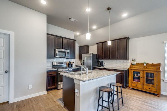 kitchen with sink, hanging light fixtures, backsplash, an island with sink, and appliances with stainless steel finishes