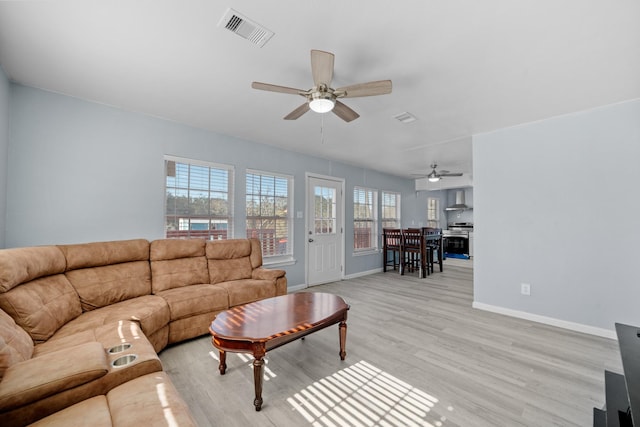 living room featuring ceiling fan and light hardwood / wood-style floors